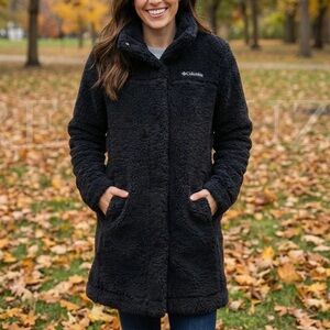 Columbia Women’s Long Sherpa Fleece Jacket Snap Front Black, Size XS